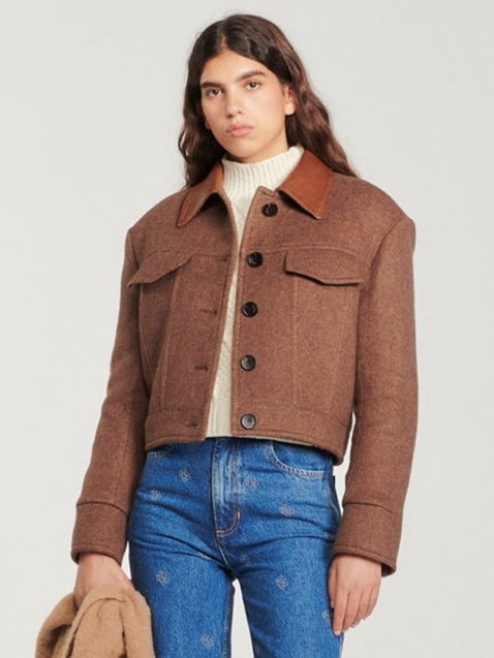 Sandro King Cropped Wool Twill Jacket Leather Collar - Picture 2 of 13